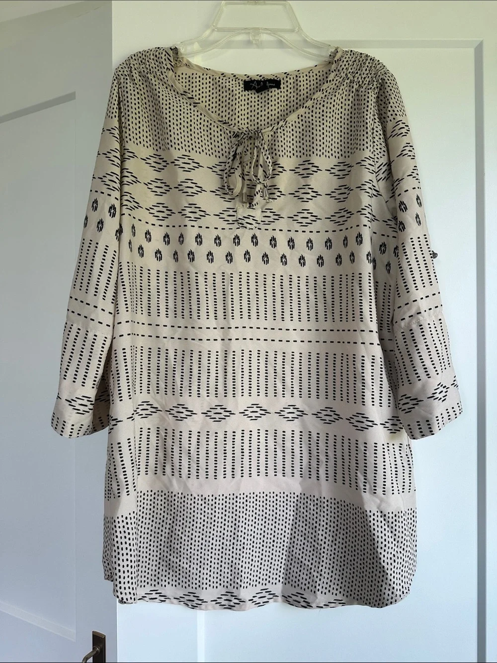Antilia Femme Cream and Black Patterned Tie-Neck Blouse